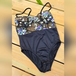 3/$20 BOOHOO Black Floral Embroidered Bodysuit Sheer Bust, size 2